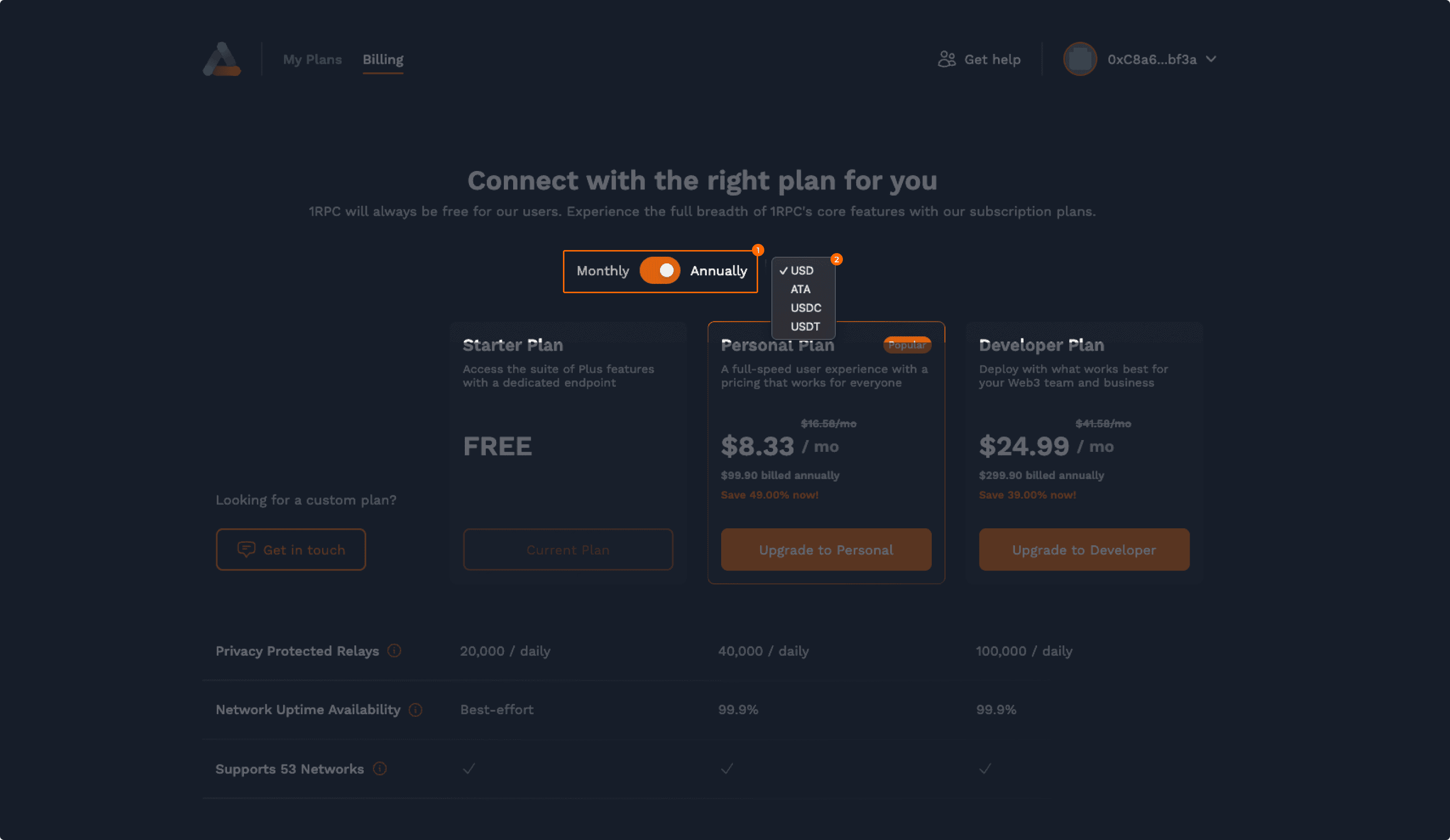 Select plan and token