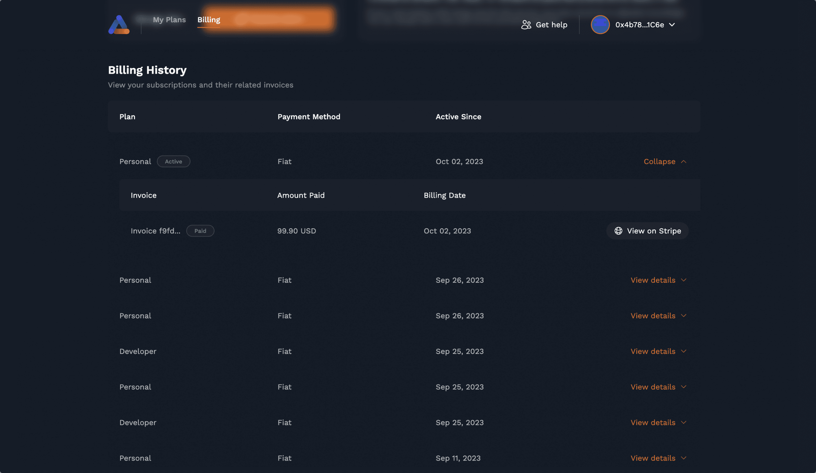 Billing history