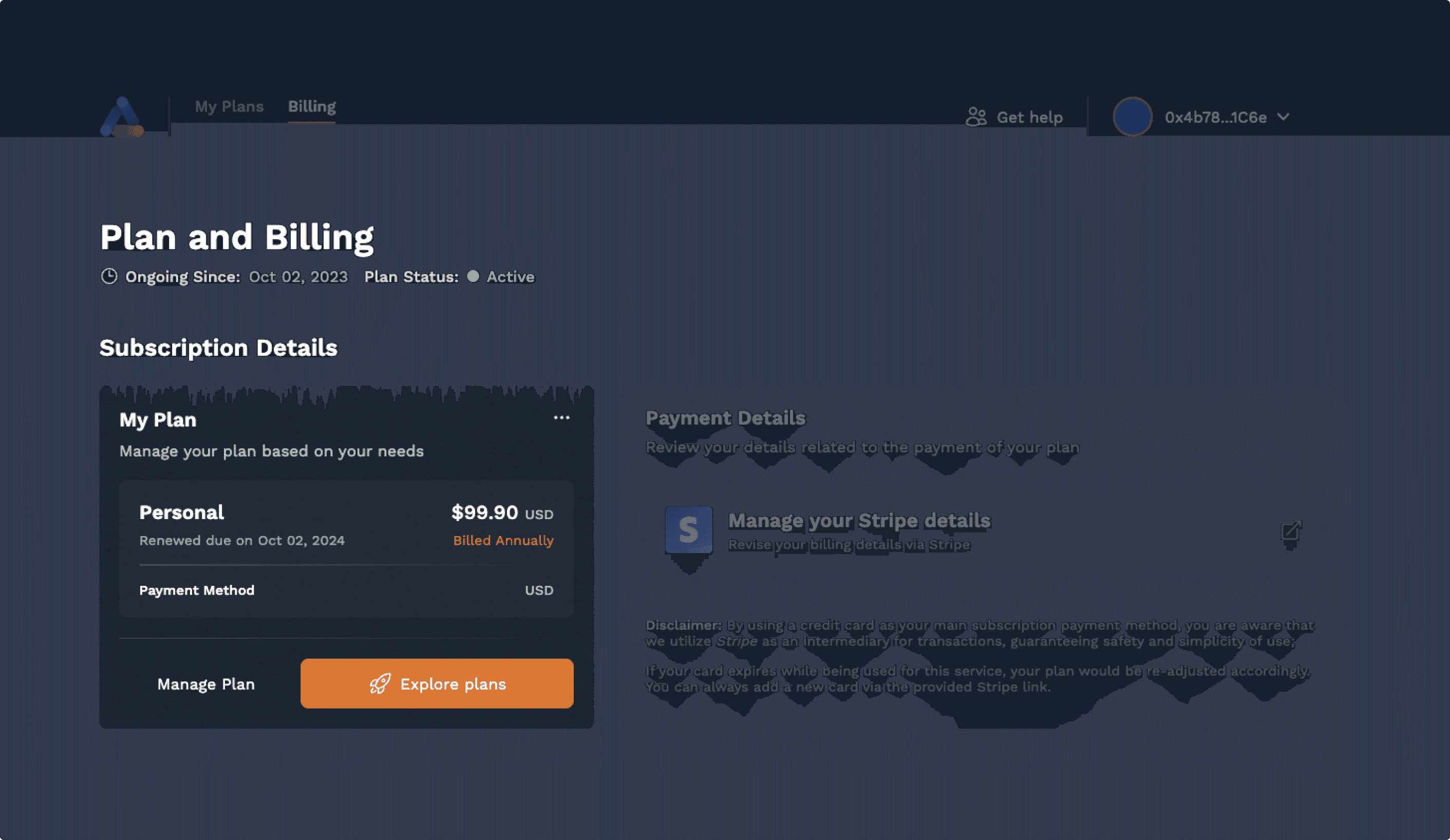 Billing dashboard after payment
